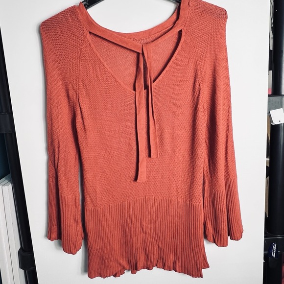 The Unbranded Brand Sweaters - Burnt Orange Knit Tunic Sweater Women's Large Tie Front‎ Ribbed Hem Boho